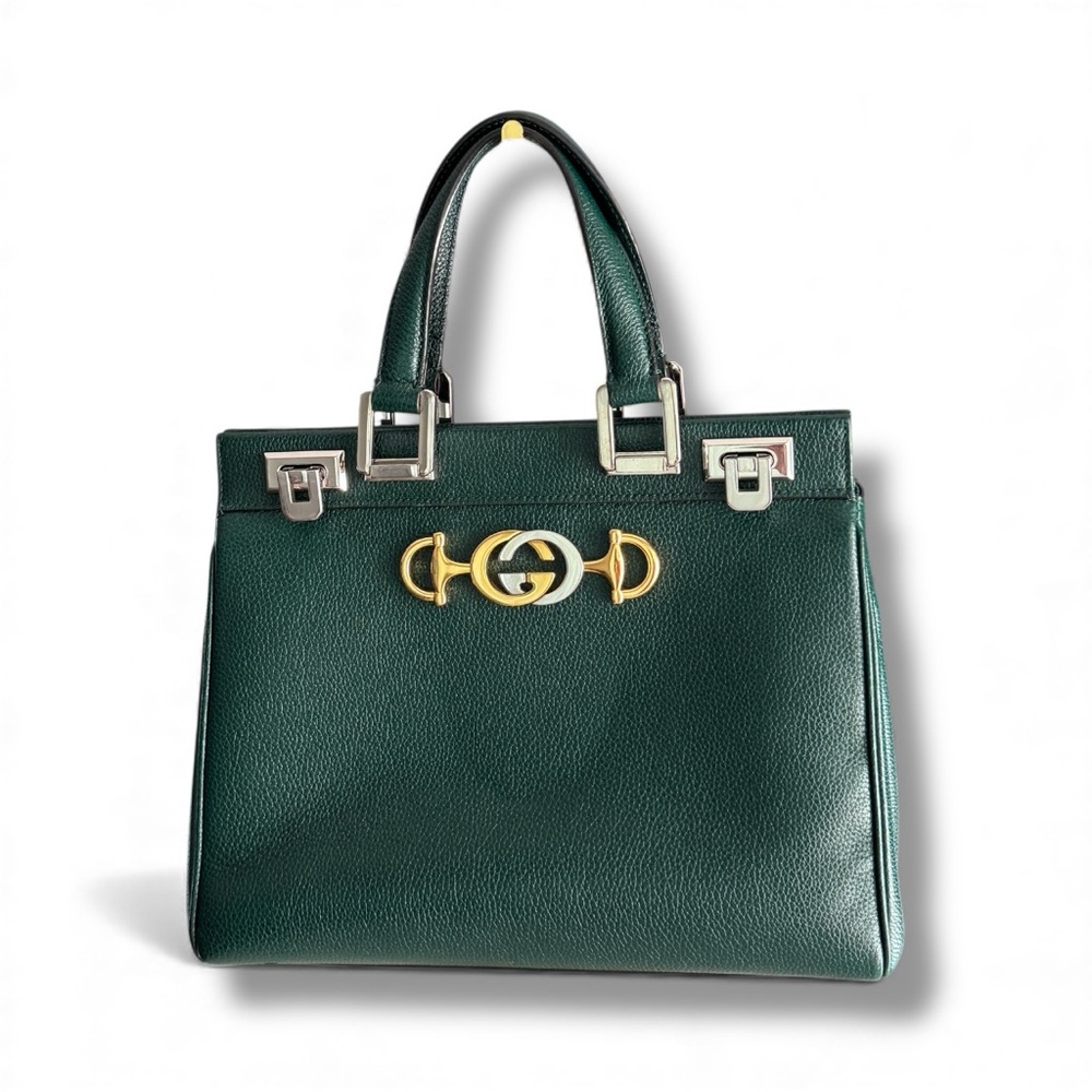 Gucci Zumi Emerald Green Top Handle Bag • Dual-Tone Horsebit GG Hardware Satchel